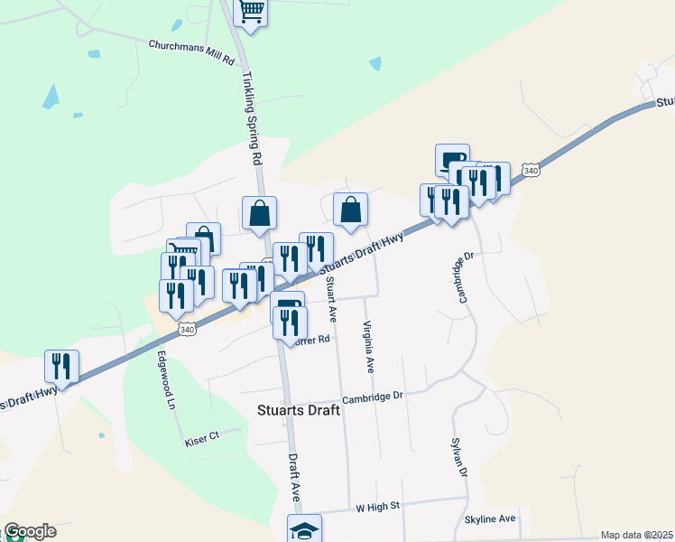 map of restaurants, bars, coffee shops, grocery stores, and more near 2735 Stuarts Draft Highway in Stuarts Draft