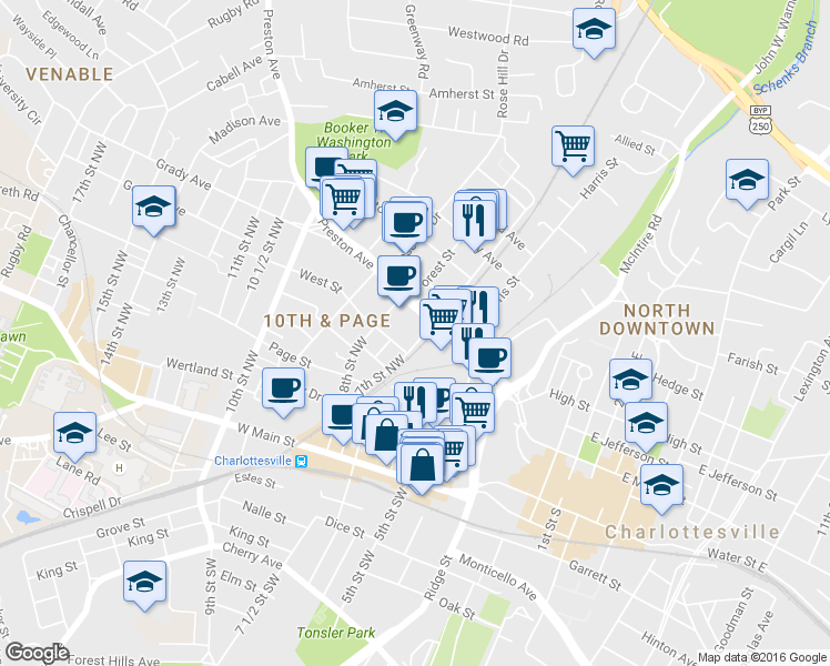 map of restaurants, bars, coffee shops, grocery stores, and more near 215 Albemarle Street in Charlottesville