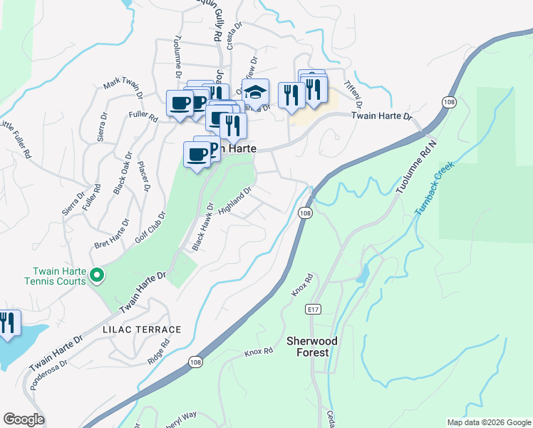 map of restaurants, bars, coffee shops, grocery stores, and more near 18879 Sequoia Drive in Twain Harte