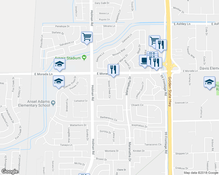 map of restaurants, bars, coffee shops, grocery stores, and more near 9348 Snow Creek Circle in Stockton
