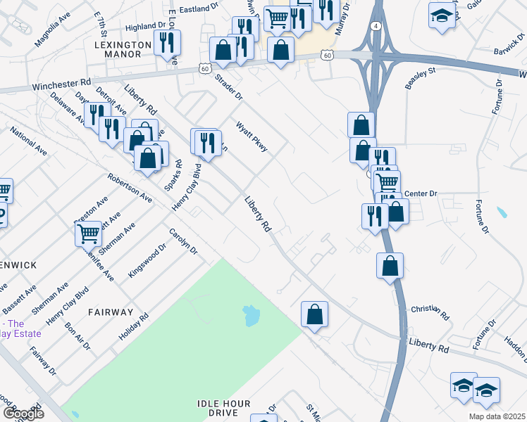 map of restaurants, bars, coffee shops, grocery stores, and more near 1725 Liberty Road in Lexington