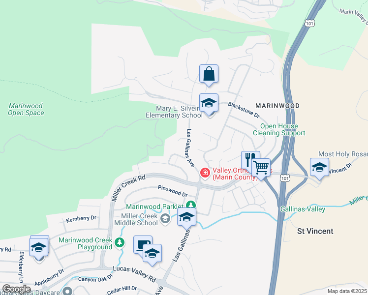 map of restaurants, bars, coffee shops, grocery stores, and more near 2577 Las Gallinas Avenue in San Rafael