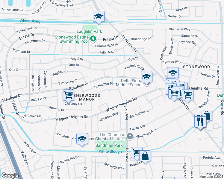 map of restaurants, bars, coffee shops, grocery stores, and more near 2519 Plantation Place in Stockton