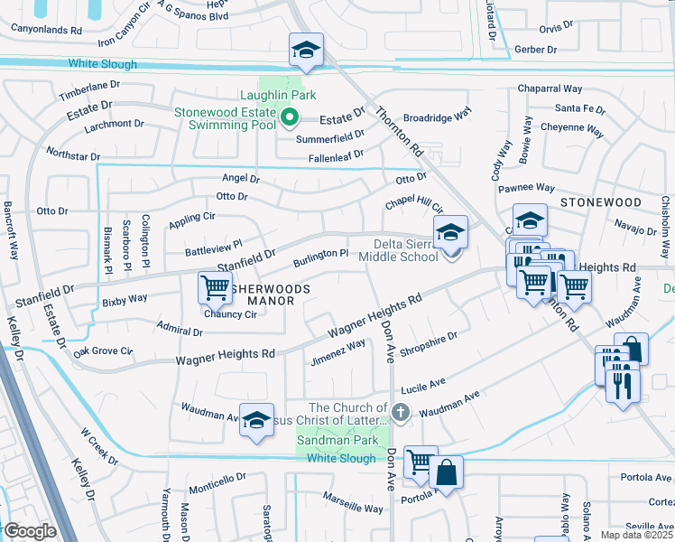 map of restaurants, bars, coffee shops, grocery stores, and more near 2621 Plantation Place in Stockton