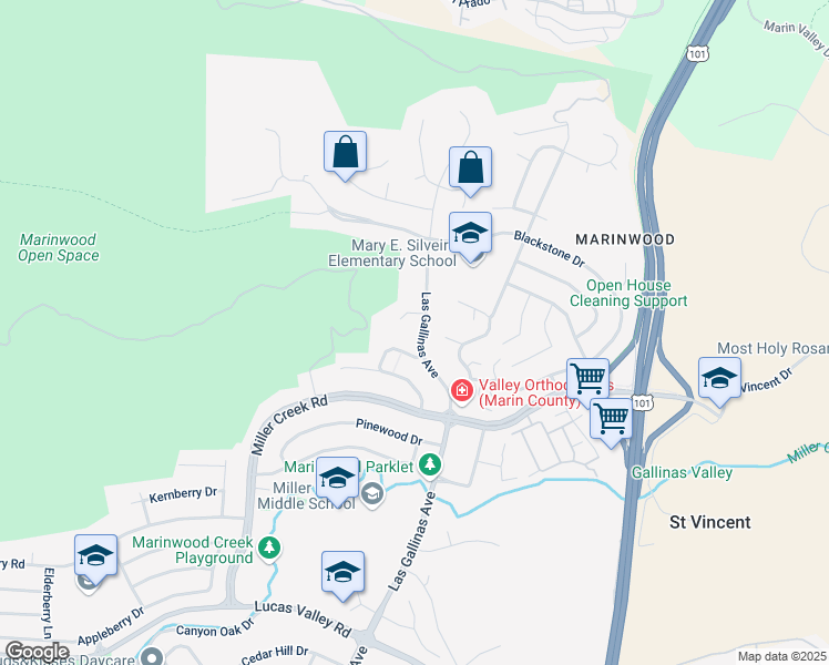 map of restaurants, bars, coffee shops, grocery stores, and more near 2577 Las Gallinas Avenue in San Rafael