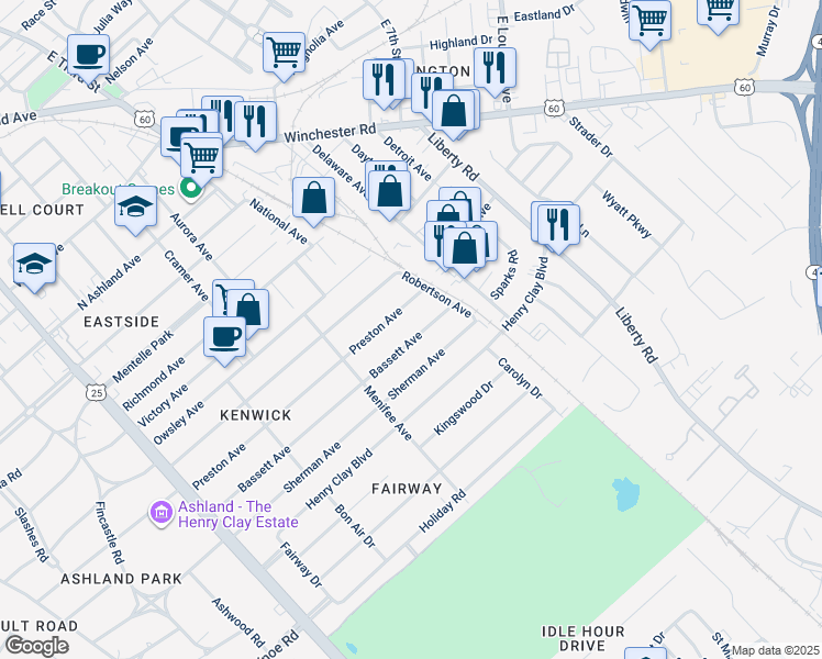 map of restaurants, bars, coffee shops, grocery stores, and more near 372 Bassett Avenue in Lexington