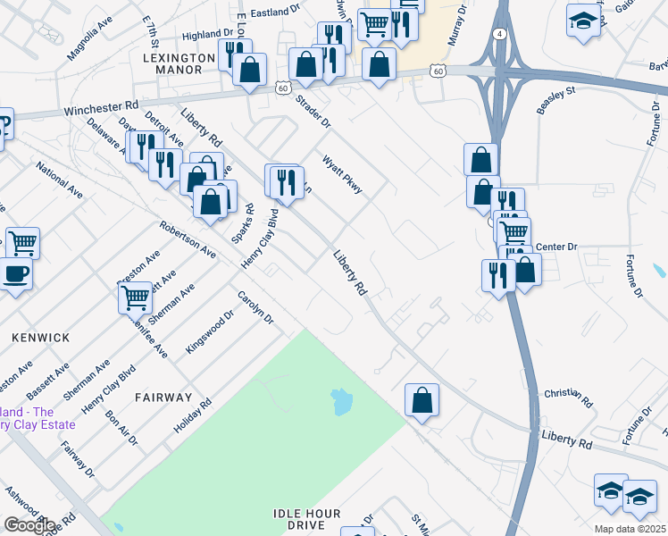 map of restaurants, bars, coffee shops, grocery stores, and more near 1712 Liberty Road in Lexington