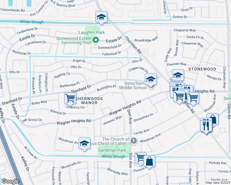 map of restaurants, bars, coffee shops, grocery stores, and more near 2519 Plantation Place in Stockton