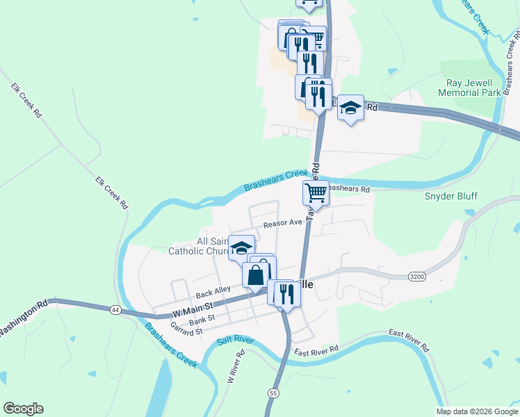 map of restaurants, bars, coffee shops, grocery stores, and more near 113 Maple Avenue in Taylorsville
