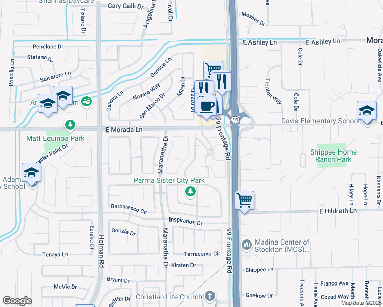 map of restaurants, bars, coffee shops, grocery stores, and more near 9350 Lembert Dome Circle in Stockton