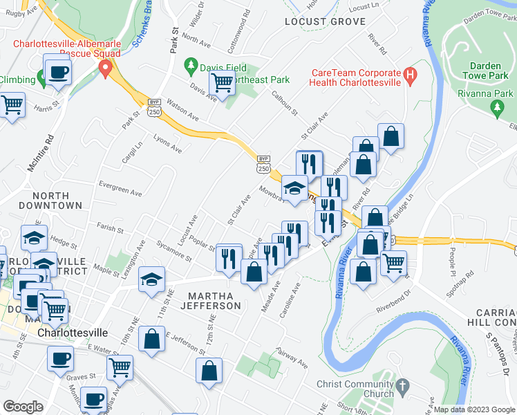 map of restaurants, bars, coffee shops, grocery stores, and more near 810 Saint James Circle in Charlottesville