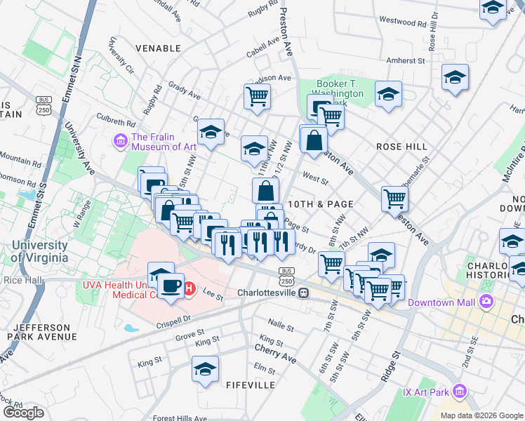map of restaurants, bars, coffee shops, grocery stores, and more near 1020 Page Street in Charlottesville