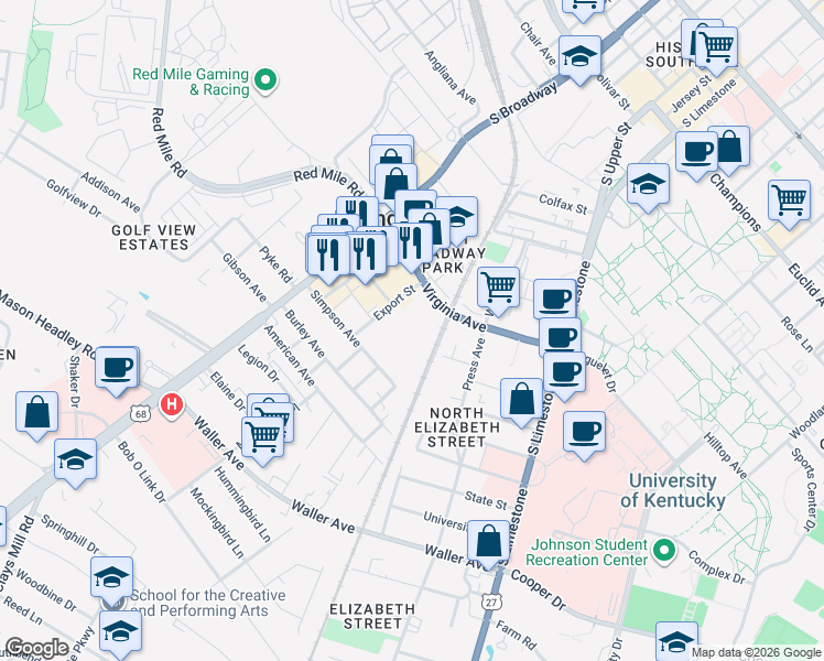 map of restaurants, bars, coffee shops, grocery stores, and more near 201 Simpson Avenue in Lexington