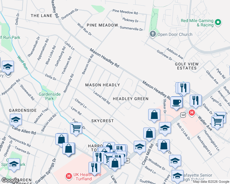map of restaurants, bars, coffee shops, grocery stores, and more near 1740 Cold Harbor Drive in Lexington