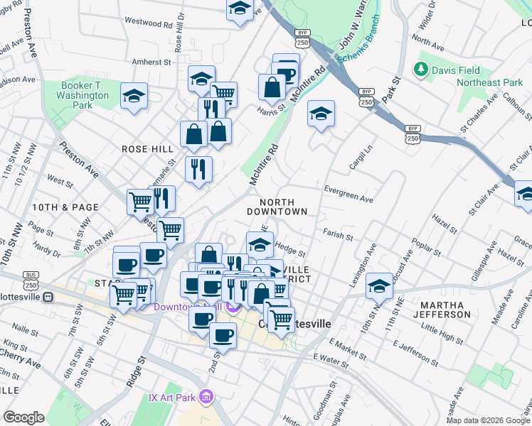 map of restaurants, bars, coffee shops, grocery stores, and more near 535 2nd Street Northwest in Charlottesville