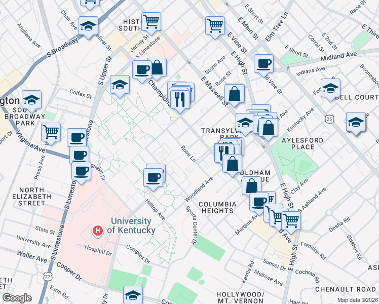 map of restaurants, bars, coffee shops, grocery stores, and more near 425 Rose Lane in Lexington