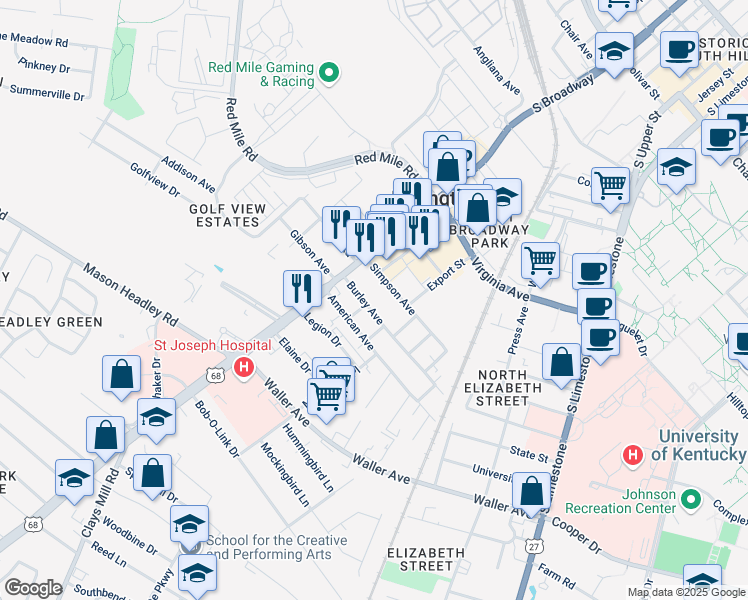 map of restaurants, bars, coffee shops, grocery stores, and more near 337 Burley Avenue in Lexington