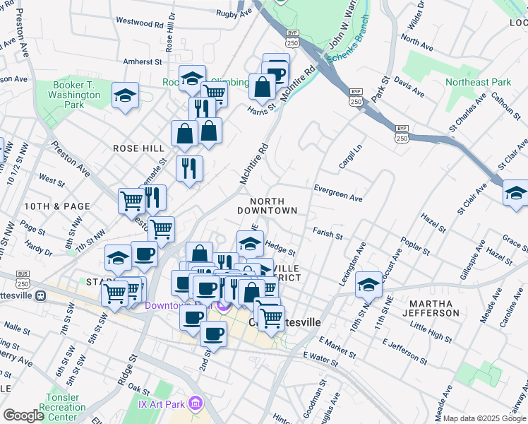 map of restaurants, bars, coffee shops, grocery stores, and more near 201 Parkway Street in Charlottesville