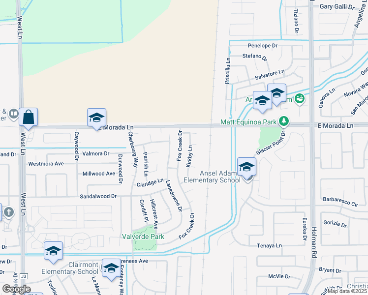 map of restaurants, bars, coffee shops, grocery stores, and more near 9352 Fox Creek Drive in Stockton