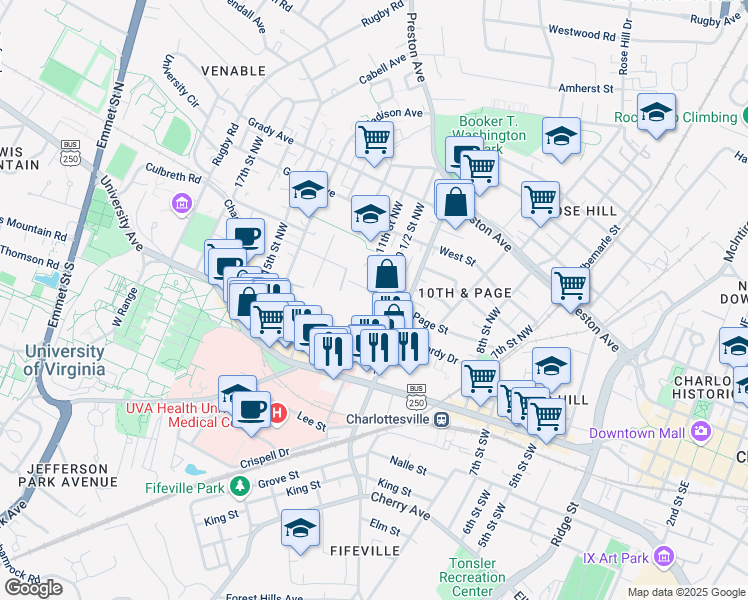 map of restaurants, bars, coffee shops, grocery stores, and more near 1058 Page Street in Charlottesville