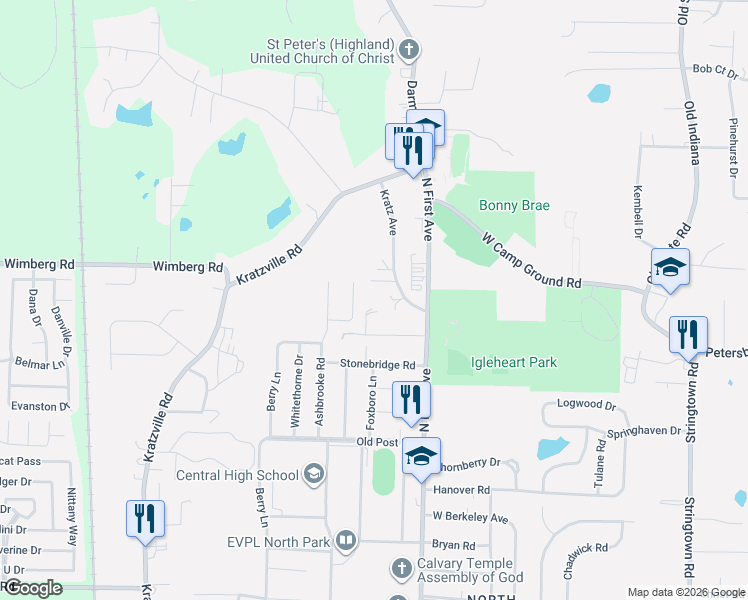 map of restaurants, bars, coffee shops, grocery stores, and more near 6200 North 3rd Avenue in Evansville