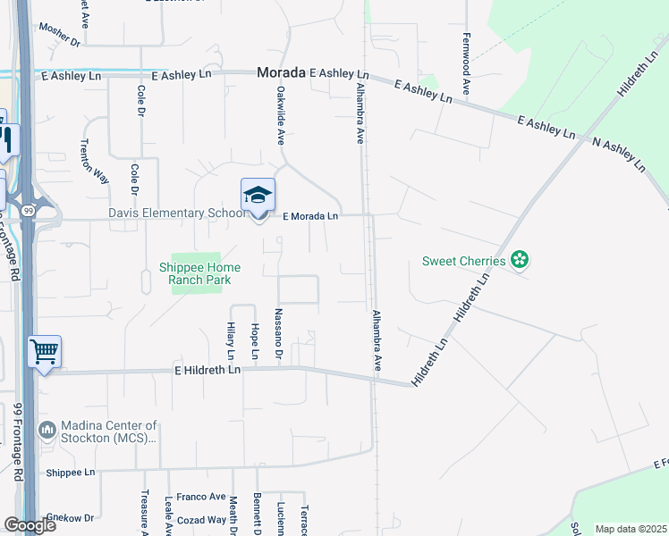 map of restaurants, bars, coffee shops, grocery stores, and more near 9157 Gary Avenue in Stockton