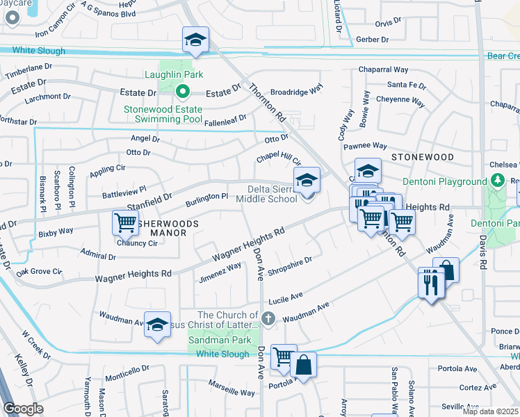 map of restaurants, bars, coffee shops, grocery stores, and more near 2442 Burlington Place in Stockton