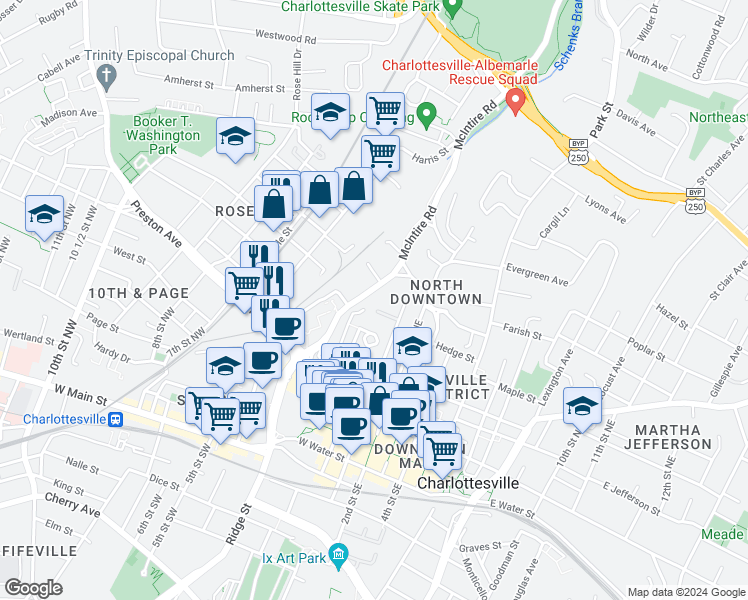 map of restaurants, bars, coffee shops, grocery stores, and more near 521 1st Street North in Charlottesville