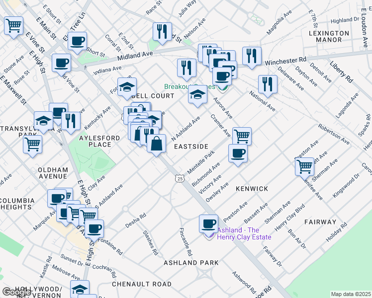 map of restaurants, bars, coffee shops, grocery stores, and more near 145 North Hanover Avenue in Lexington