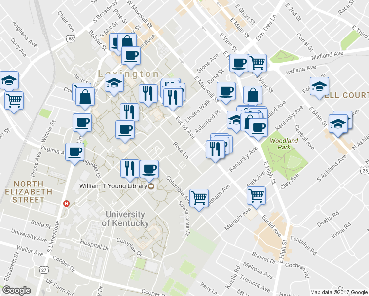 map of restaurants, bars, coffee shops, grocery stores, and more near 418 Rose Lane in Lexington