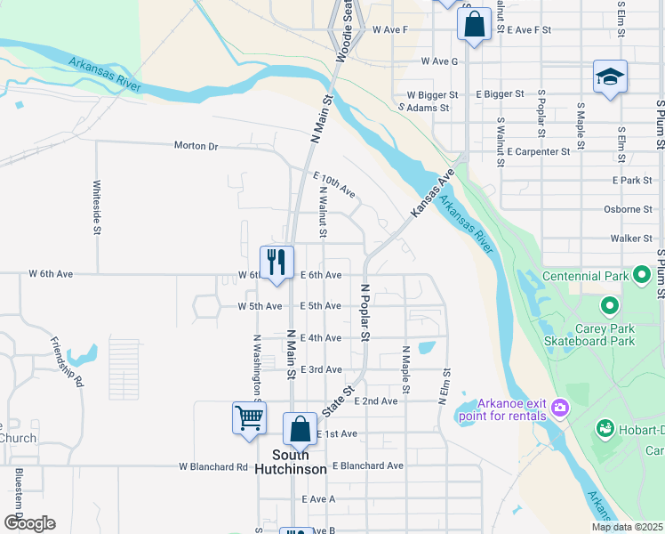 map of restaurants, bars, coffee shops, grocery stores, and more near 112 East 6th Avenue in South Hutchinson