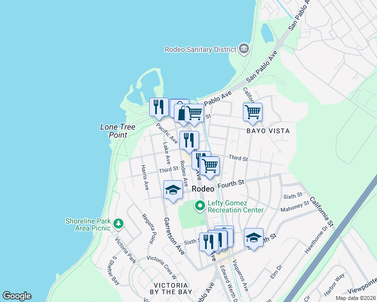 map of restaurants, bars, coffee shops, grocery stores, and more near 220 Parker Avenue in Rodeo