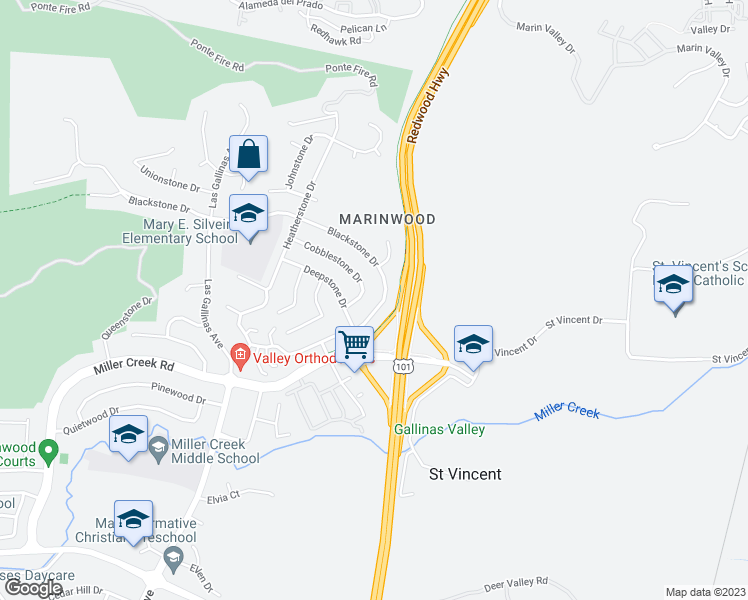 map of restaurants, bars, coffee shops, grocery stores, and more near 155 Blackstone Drive in San Rafael
