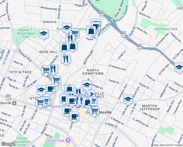 map of restaurants, bars, coffee shops, grocery stores, and more near 201 Parkway Street in Charlottesville