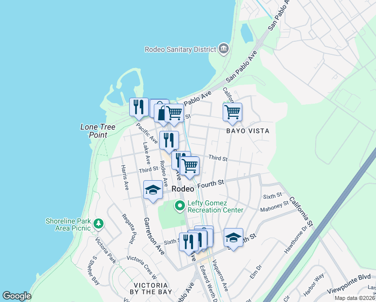 map of restaurants, bars, coffee shops, grocery stores, and more near 245 Railroad Avenue in Rodeo