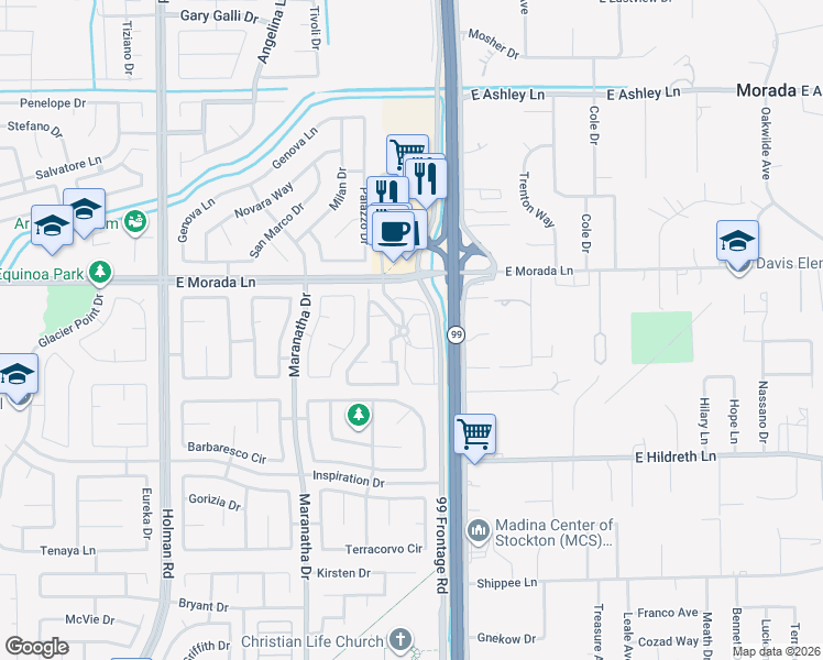 map of restaurants, bars, coffee shops, grocery stores, and more near 9373 California 99 in Stockton