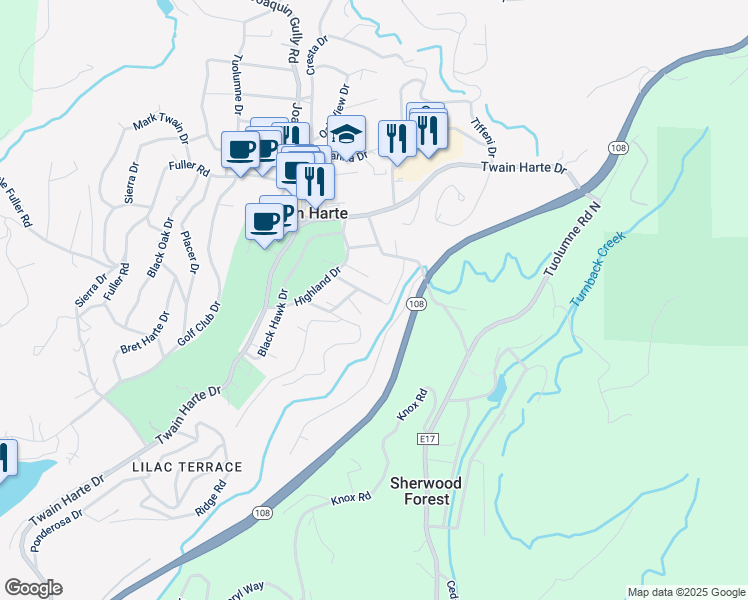 map of restaurants, bars, coffee shops, grocery stores, and more near 18879 Sequoia Drive in Twain Harte
