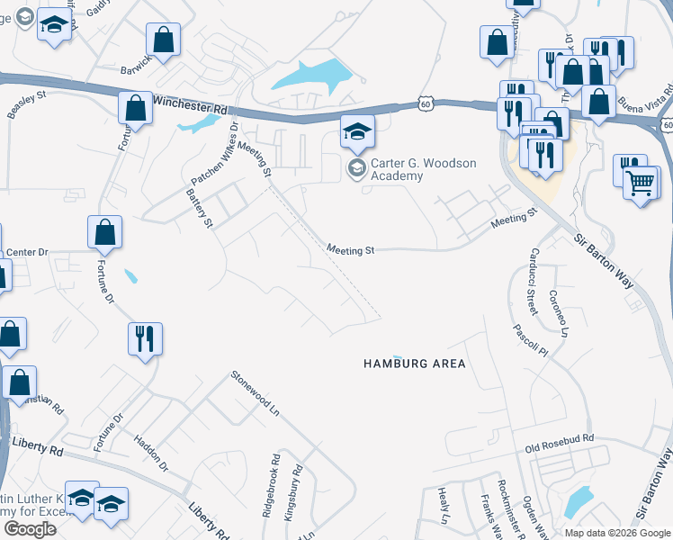 map of restaurants, bars, coffee shops, grocery stores, and more near 2025 Covington Drive in Lexington