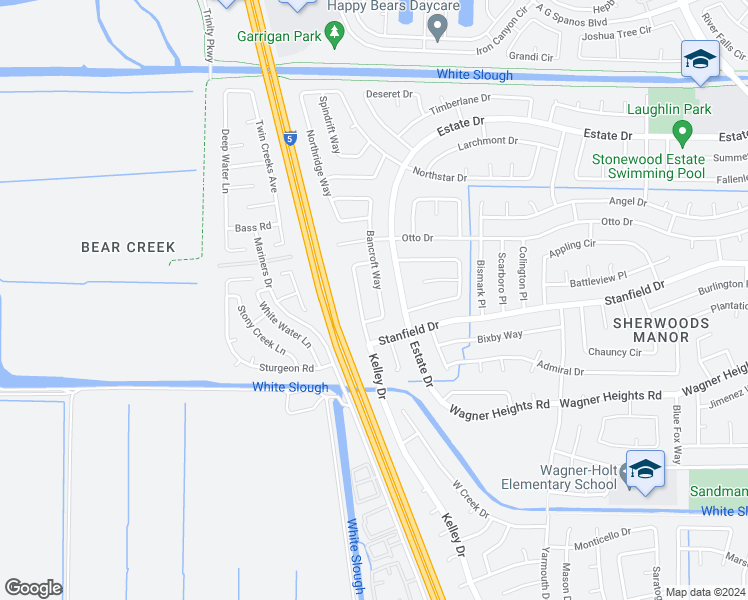 map of restaurants, bars, coffee shops, grocery stores, and more near 9519 Bancroft Way in Stockton