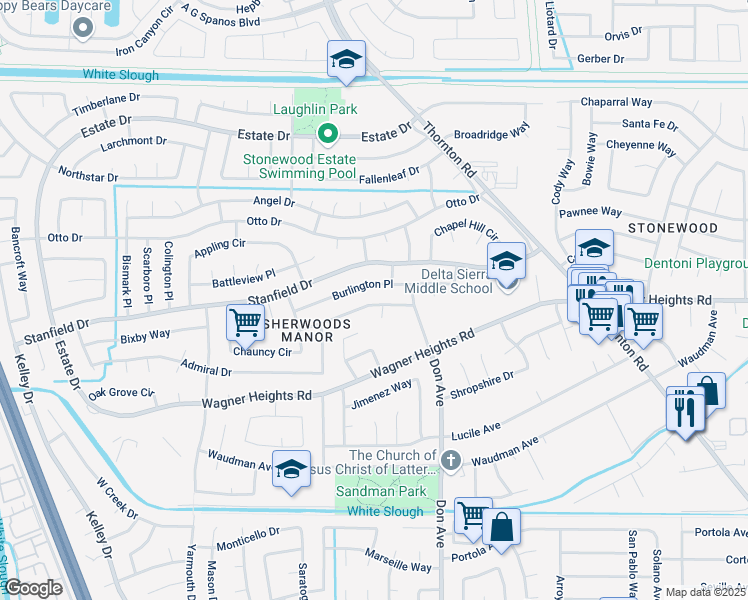 map of restaurants, bars, coffee shops, grocery stores, and more near 2621 Plantation Place in Stockton