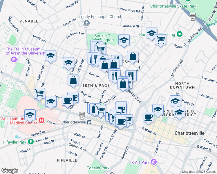 map of restaurants, bars, coffee shops, grocery stores, and more near 815 8th Street Northwest in Charlottesville