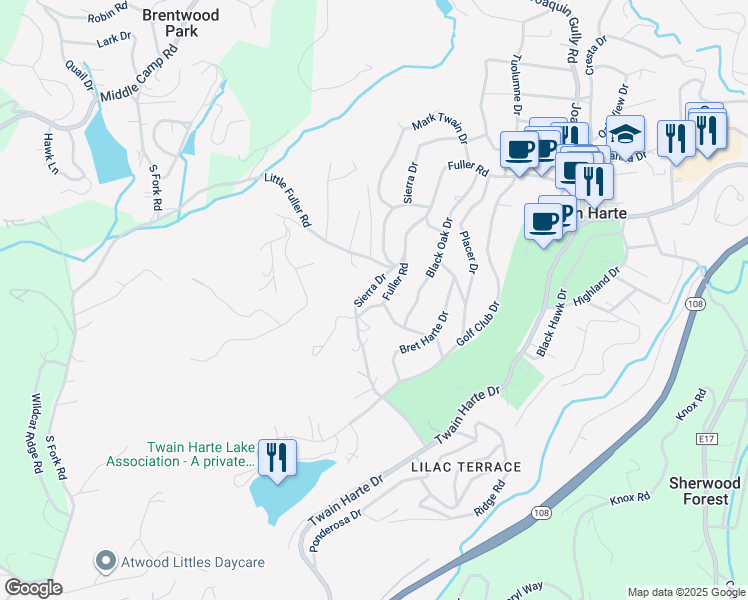 map of restaurants, bars, coffee shops, grocery stores, and more near 22780 Fuller Road in Twain Harte