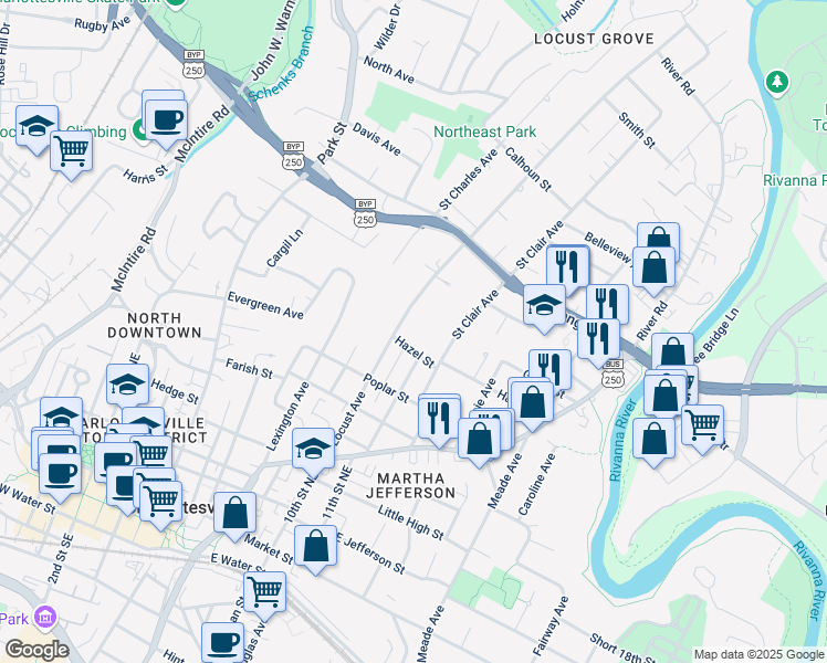 map of restaurants, bars, coffee shops, grocery stores, and more near 810 Locust Avenue in Charlottesville