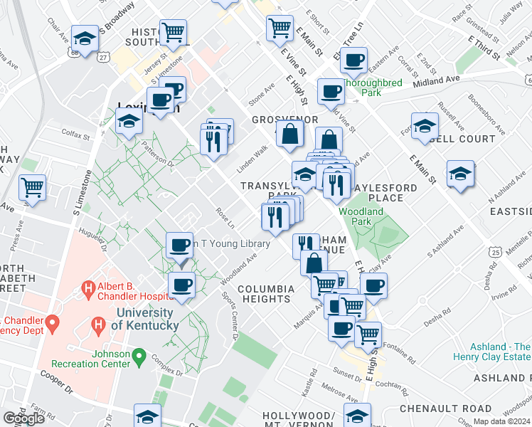 map of restaurants, bars, coffee shops, grocery stores, and more near 368 Transylvania Park in Lexington