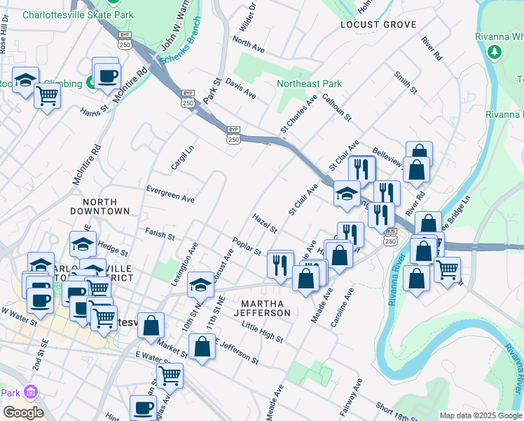 map of restaurants, bars, coffee shops, grocery stores, and more near 810 Locust Avenue in Charlottesville