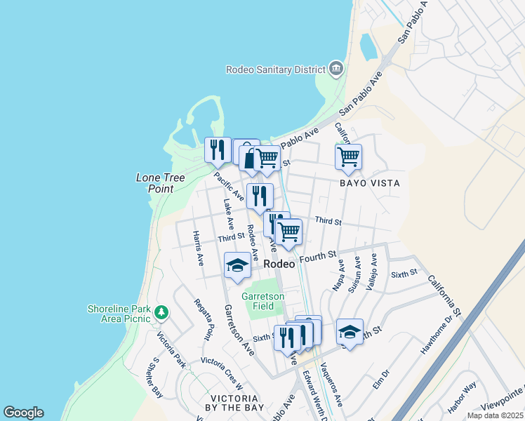 map of restaurants, bars, coffee shops, grocery stores, and more near 220 Parker Avenue in Rodeo
