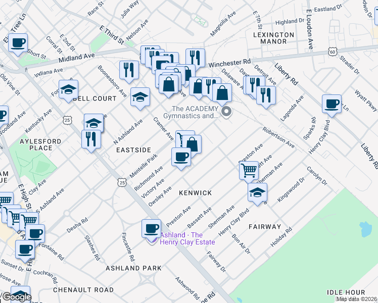 map of restaurants, bars, coffee shops, grocery stores, and more near 1009 Cramer Ave in Lexington