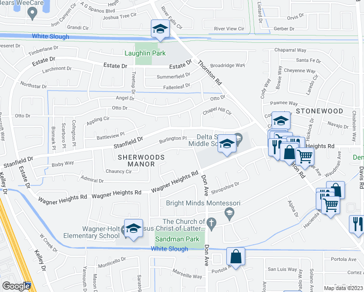 map of restaurants, bars, coffee shops, grocery stores, and more near 2541 Plantation Place in Stockton
