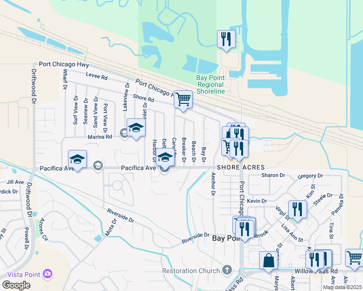 map of restaurants, bars, coffee shops, grocery stores, and more near 61 Canal Drive in Bay Point