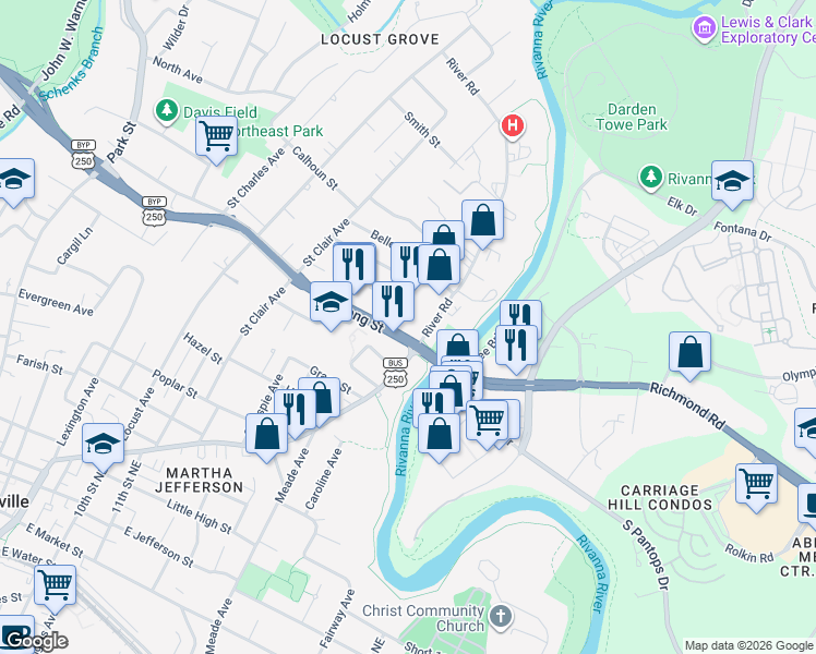 map of restaurants, bars, coffee shops, grocery stores, and more near 1301-1399 U.S. 250 in Charlottesville